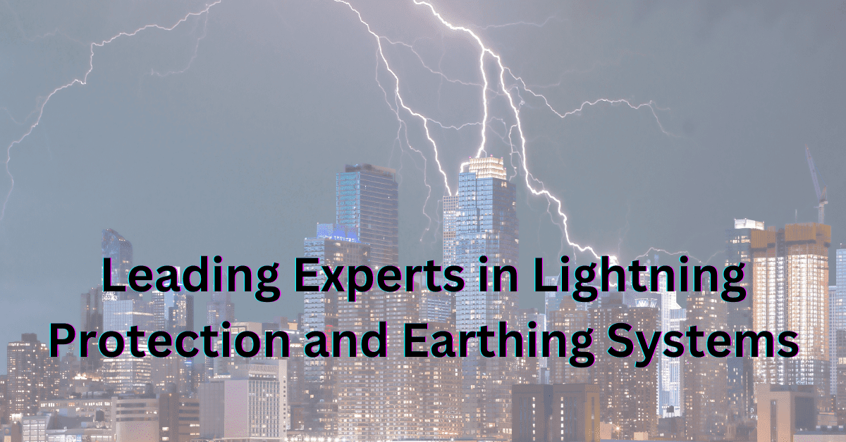 A lightning protection system in action, with a lightning bolt striking a skyscraper.